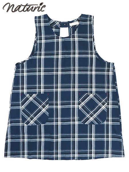naturic ラン型エプロン cotton100% チェック柄 腰ゴム かぶりエプロン