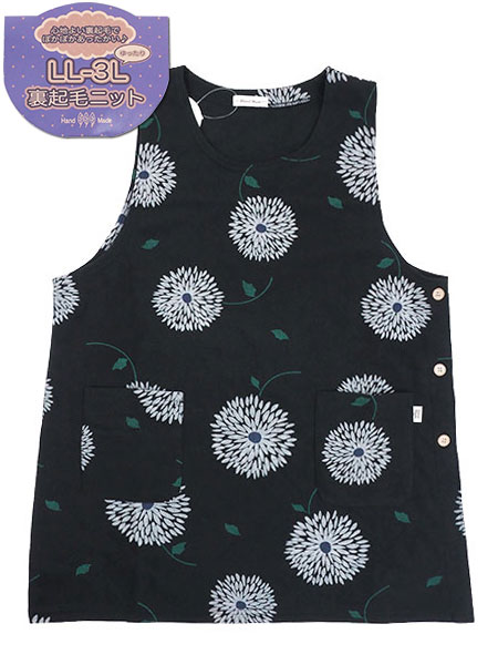 Hand Made 裏起毛ニット タバードエプロン ゆったりLL-3Lサイズ かぶりタイプ 花柄