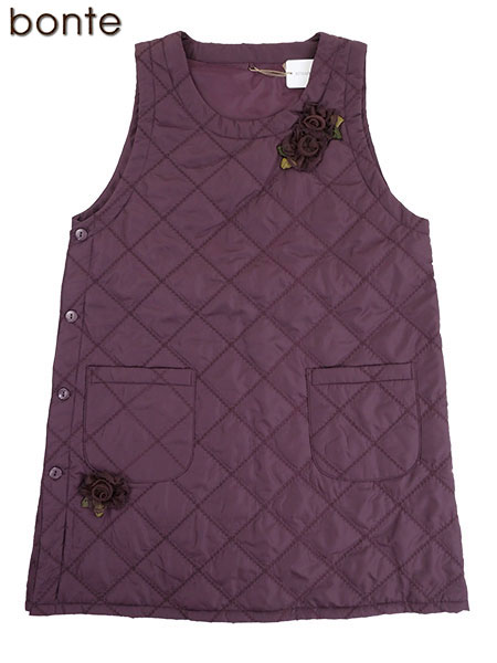 bonte 婦人中わたキルト脇ボタンかぶりエプロン 花モチーフ付き