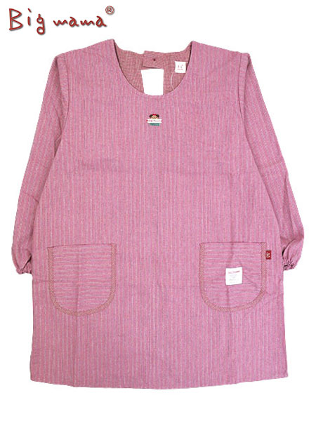 Big mama(ビッグママ) 婦人割烹着 ストライプ柄 後ろ開き