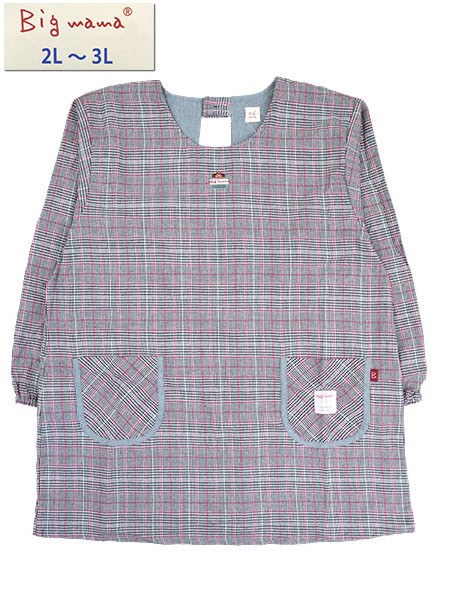 Big mama(ビッグママ) 婦人割烹着 2L～3Lサイズ グレンチェック柄 後ろ開き