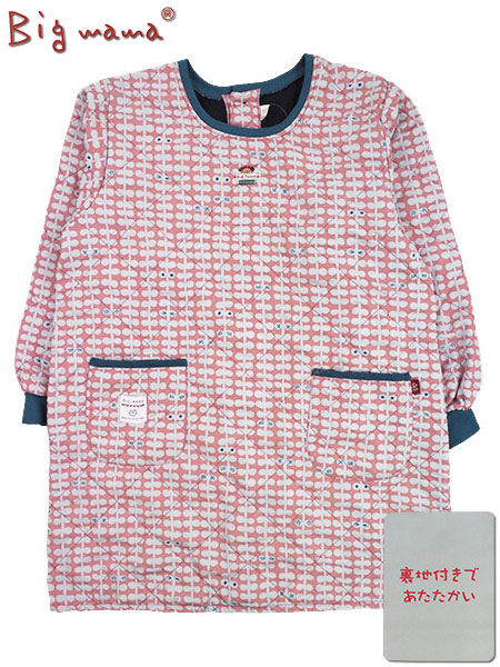 Big mama(ビッグママ) キルト裏フリース割烹着 幾何学柄 背ボタン