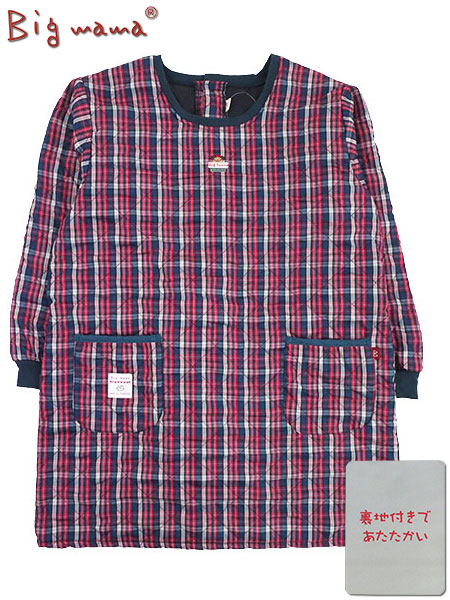 Big mama(ビッグママ) キルト裏フリース割烹着 チェック柄 背ボタン