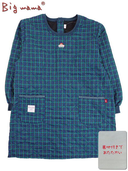 Big mama(ビッグママ) キルト裏フリース割烹着 グリーンチェック柄 背ボタン