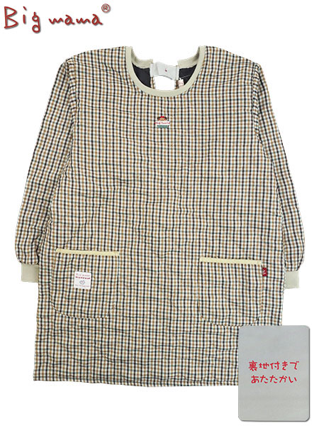 Big mama(ビッグママ) キルト割烹着 裏フリース チェック柄 後ろ開き