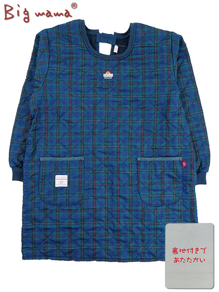 Big mama(ビッグママ) キルト割烹着 裏フリース グリーンチェック柄 後ろ開き