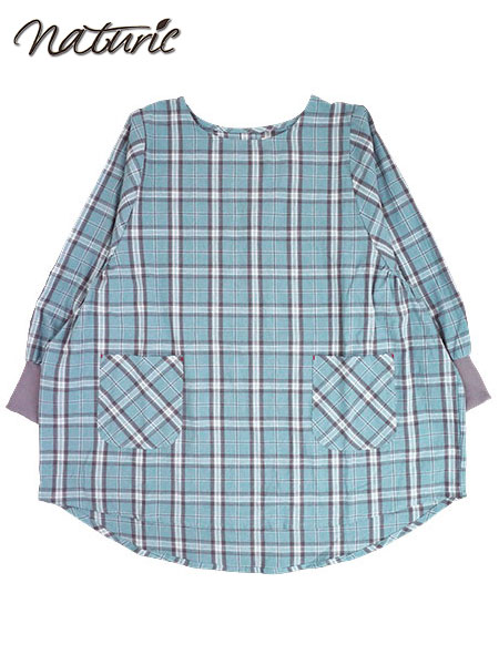 naturic タブリエ割烹着 チェック柄 cotton100% 袖口リブ かぶりタイプ