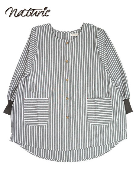 naturic 婦人タブリエ前あきスモック ストライプ柄 cotton100% 袖口リブ