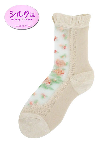 婦人 シルク混 シースルーソックス 足首後ろ側無地 花柄