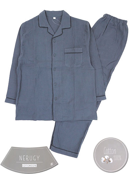 NERUGY 紳士長袖・長パンツパジャマ 綿100%ダブルガーゼ 無地