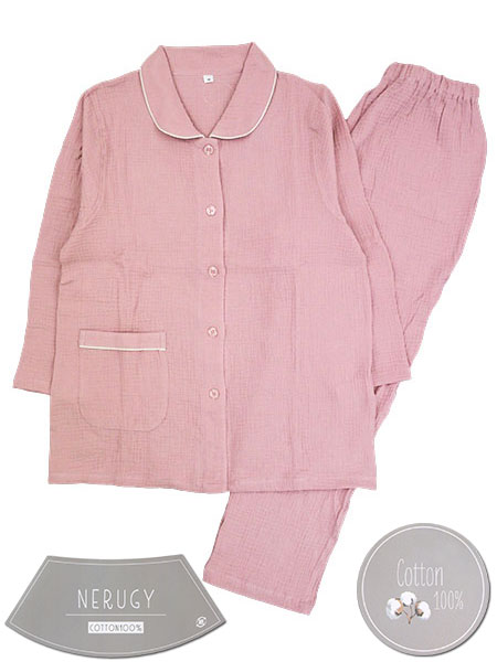 NERUGY 婦人長袖・長パンツパジャマ 綿100%ダブルガーゼ 無地