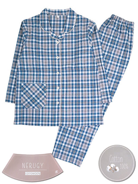 NERUGY 婦人長袖・長パンツパジャマ チェック柄 綿100% 先染めシーチング