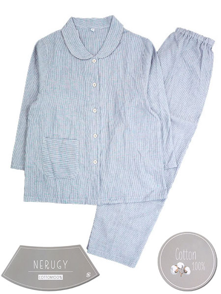 NERUGY 婦人長袖・長パンツパジャマ 綿100%ダブルガーゼ ストライプ柄