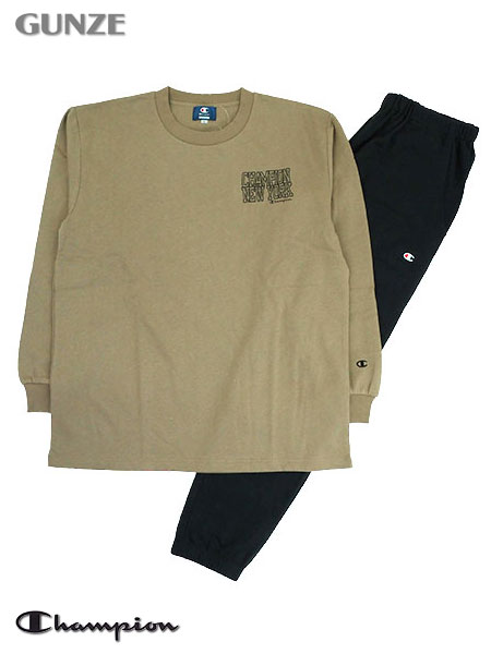 グンゼ Champion(チャンピオン)紳士長袖・長パンツパジャマ 裏毛起毛 左胸にロゴプリント