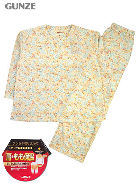 グンゼ WARMPLUS 婦人長袖・長パンツパジャマ 肩・もも保温 花柄 かぶりタイプ