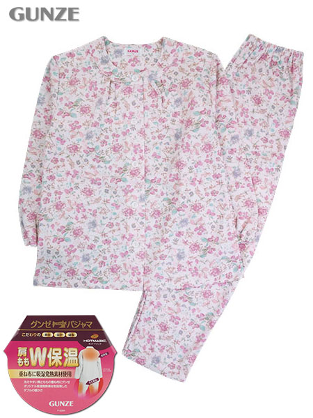 グンゼ ホットマジック 婦人長袖・長パンツパジャマ 肩ももW保温 花柄 ダンボールニット