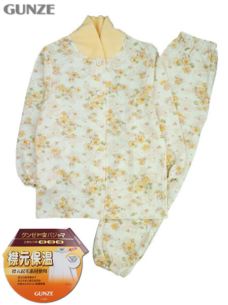 グンゼ 婦人長袖・長パンツパジャマ 襟元保温 花柄 ソフトキルト