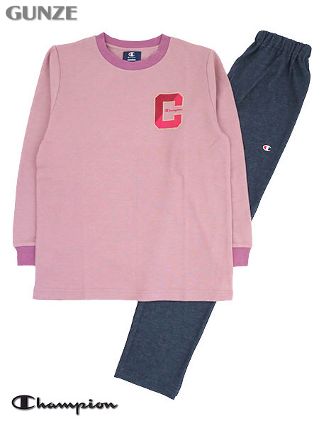 グンゼ Champion(チャンピオン)婦人長袖・長パンツパジャマ 左胸ロゴプリント かぶりタイプ