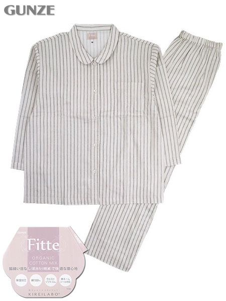 グンゼ キレイラボ 婦人長袖・長パンツパジャマ ストライプ Fitte 綿100%ガーゼ素材 襟付き