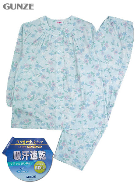 グンゼ クールマジック 婦人長袖・長パンツパジャマ 綿100%吸汗速乾 天竺 花柄